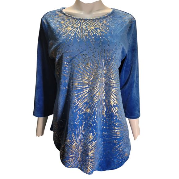 Ruby Road Blue Velour Metallic Gold Top Women's Petite Large Velvet Unique - Picture 3 of 8